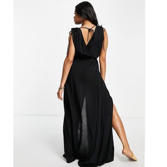 Asos Black Wrap V-Neck Sleeveless LBD Summer Beach Vavation Midi Maxi Dress Sz 4 - Picture 2 of 9